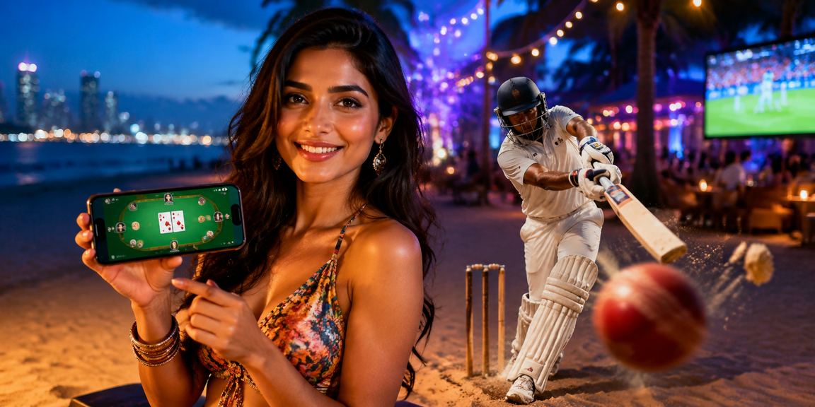 Goa beach with people enjoying cricket betting on mobile devices