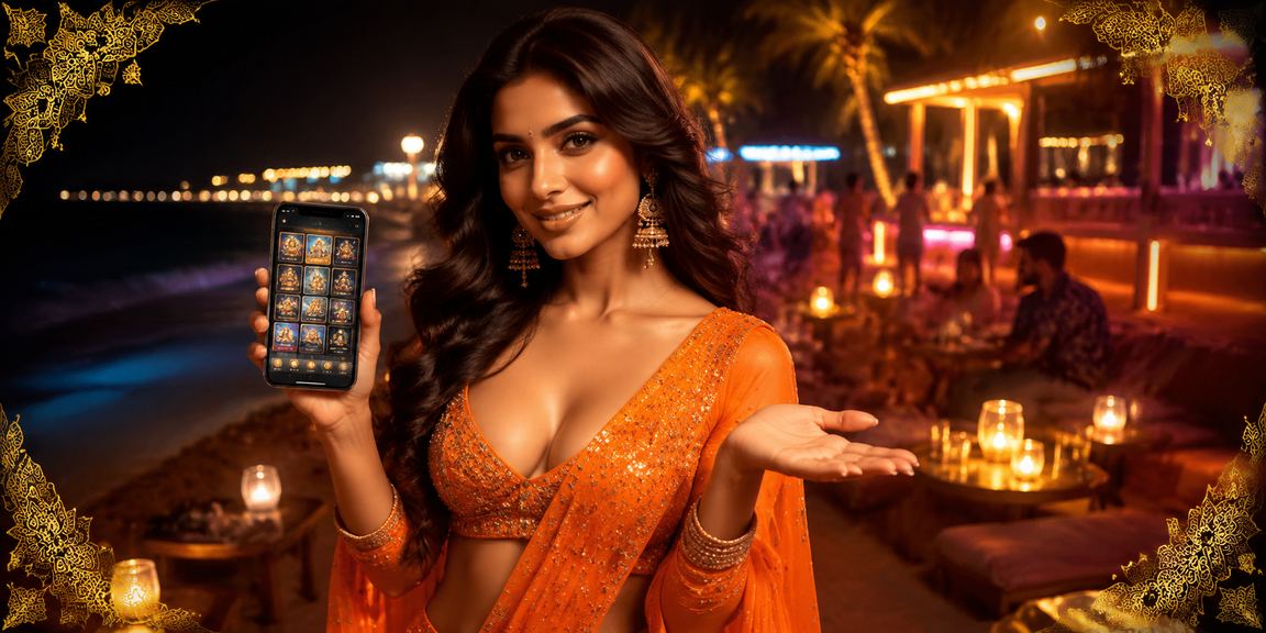 Player using mobile device to access casino promotions near Goa beach at sunset