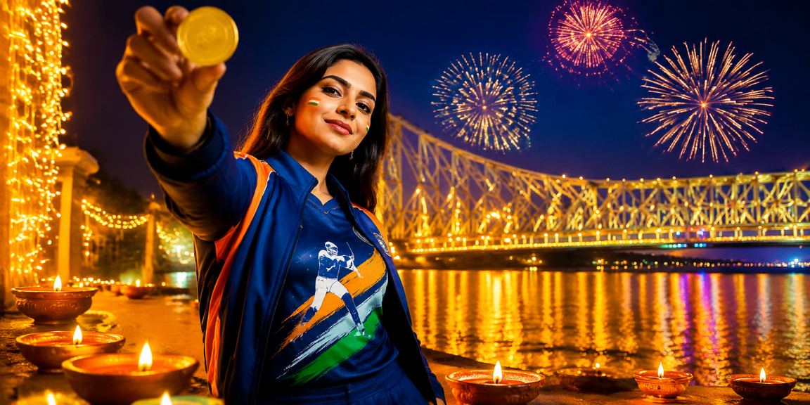 Diwali festival celebrations near Howrah bridge with cricket betting theme