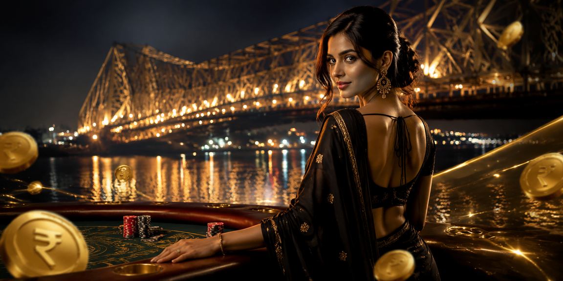 Howrah Bridge illuminated with bustling cityscape emphasizing responsible entertainment